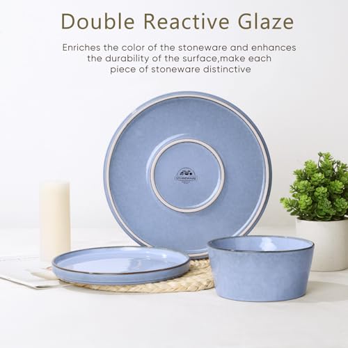 Herogo 18 Pieces Dinnerware Set for 6, Stoneware Dinner Plates and Bowls Sets, Reactive Glaze Dishes for Kitchen, Crack Resistant, Microwave & Dishwasher Safe, Haze Blue by Herogo - Used condition - Image 3