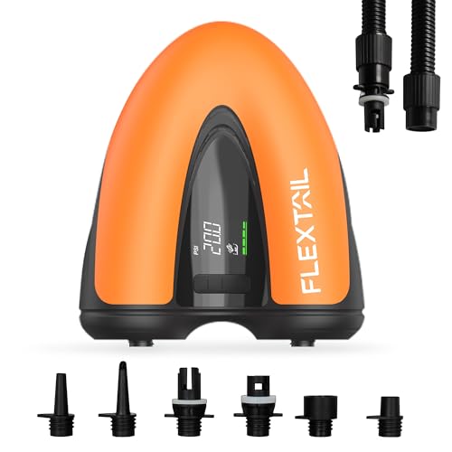 FLEXTAILGEAR Electric EVO SUP Pump, 20PSI High Pressure Air Pump, Dual Stage Inflation Pump for Paddle Boards, Kayaks, Boats, Inflatable Tents & Accessories, 12V Rechargeable Battery