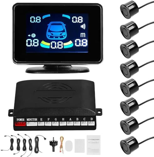 カーパーキングセンサー 逆転レーダーシステム フロント;リアサポート サウンド警告/ブザー/ミュート 8個のパーキングセンサー付き 距離検出 LCD距離表示 音量調整可能 (カラー2)