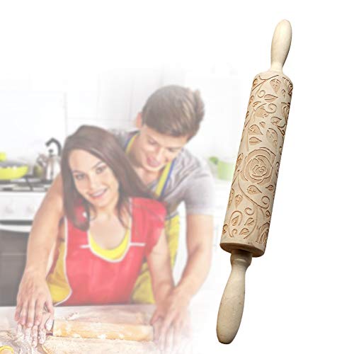 Wooden Rolling Pin, Rose Flower Embossed Engraved Carved Rolling Pin, Valentine's Day Diy Cookies Biscuit Fondant Cake Dough Roller Baking Tool (Wood Color) #TOP1