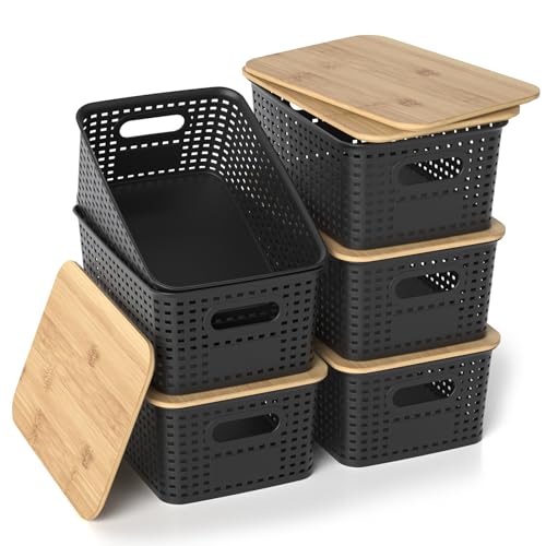 ZFTMRR Plastic Storage Baskets with Bamboo Lids...