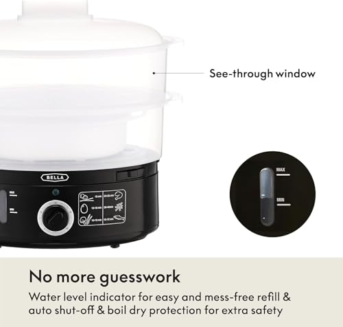 BELLA Two Tier Food Steamer with Dishwasher Safe Lids and Stackable Baskets & Removable Base for Fast Simultaneous Cooking - Auto Shutoff & Boil Dry Protection, Stainless Steel, 7.4 QT, Black