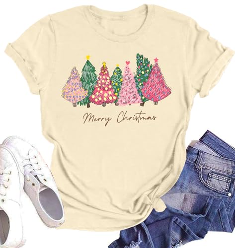 Christmas Shirts for Women Christmas Tops Xmas Tree Graphic Tshirt Xmas Short Sleeve Tops Holiday Shirt (Apricot4, Small)