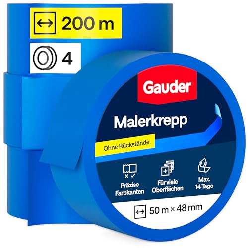 GAUDER Malerkrepp für präzise Farbkanten - Kreppband für Malerarbeiten - Malerband & Abdeckband blau - Abklebeband Maler Washi-Papier - Masking Tape - Klebeband Malertape (4 Rollen - 48 mm x 50 m)