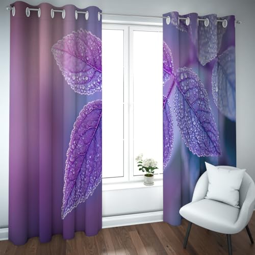 UIRINGART Purple Blackout Curtains for Sliding Door Decor Aesthetic Design Leaf and Dewdrop Pattern Room Darkening Eyelet Window Drapes 2 Panels B140xH280cm