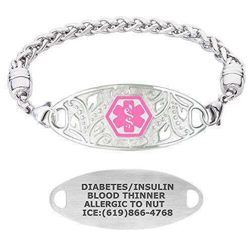 Divoti Custom Engraved Medical Alert Bracelets for Women, Stainless Steel Medical Bracelet, Medical ID Bracelet w/Free Engraving  Lovely Filigree Tag w/Wheat-Pink-7.0