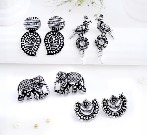 Image of FUBS Oxidized Designer Stud Earrings Set of 12 with Folding Jewelry Box | Traditional & Modern Earring Set for Women & Girls