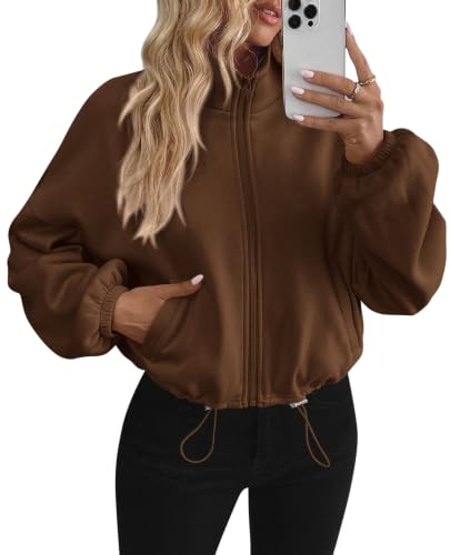 PRETTYGARDEN Women's Cropped Jacket Zip Up Fleece Sweatshirt Fall Outfits