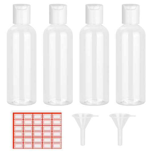 Chyaya Lot de 4 flacons de voyage pour articles de toilette - 100 ml - vides et rechargeables - Transparents - Avec entonnoirs et étiquettes - Pour l'école, les voyages ou les cosmétiques