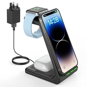 Wireless Charger Stand, GEEKERA 3 in 1 Fast Wireless Charging Station Dock for iPhone 14/13/12/11/Pro/Pro Max/XS/XR/X/8…