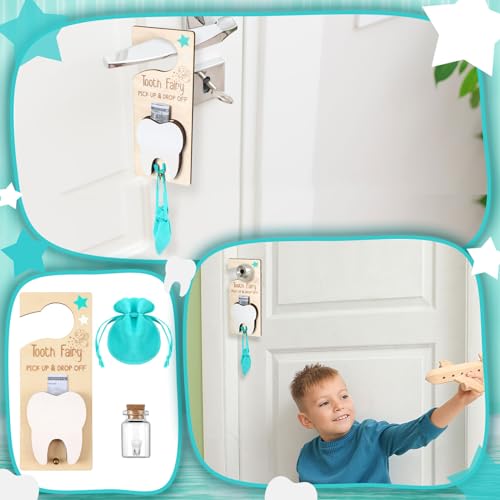 Image of DoubleFill Fairy Tooth Gift Holder Bag Door Hanger Lost Teeth Keepsake Box Tooth Fairy Kit Stores Back to School Gift for Lost Teeth Boy Girl Primary School Classroom Gifts(Classic,Lake Blue)