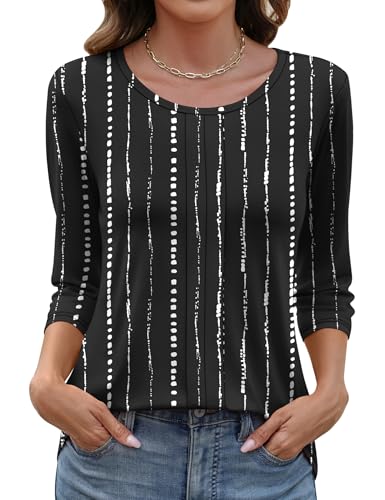LOMON 3/4 Length Sleeve Womens Tops Casual Crewneck Spring Summer Pleated Tunic Tops Beach Vacation T Shirts