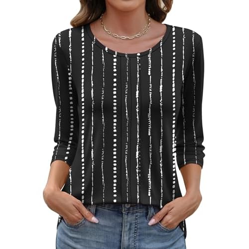 LOMON 3/4 Length Sleeve Womens Tops Casual Crewneck Spring Summer Pleated Tunic Tops Beach Vacation T Shirts