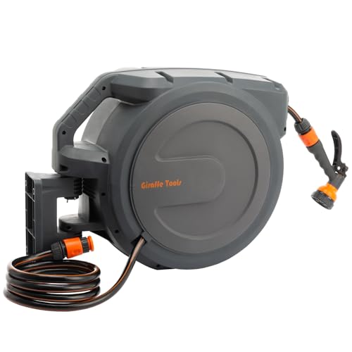 Giraffe Tools AW30 Garden Hose Reel Retractable 1/2" x 100 ft Wall Mounted Water Hose Reel Automatic Rewind, Any Length Lock, 100 ft, Dark Grey