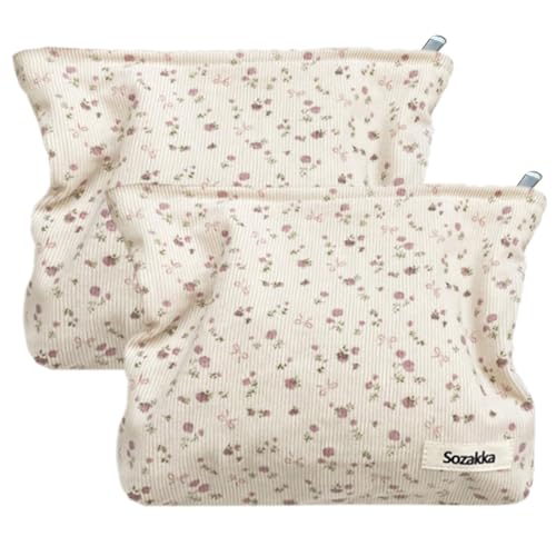 Tcdwla Kosmetiktasche, 2 Stück Schminktasche,Kulturtasche Cord Klein Damen, FedermäPpchen Aesthetic School Stuff für Schule, Reisen, Geschä Ftsreisen, Einkaufen, Wandern (Beige 3)