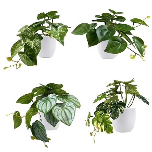 QINGYIWL 4 plantas artificiales en macetas, 4 unidades de mini plantas decorativas pequeñas plantas artificiales como plantas colgantes reales para balcón, habitación, salón, cuarto de baño