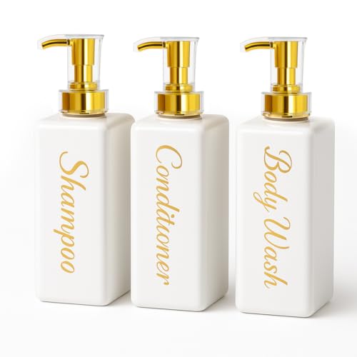 uMadeUs Shampoo and Conditioner Dispenser - Essentials Toiletry Bottles - Shower Refillable Shampoo and Body Wash Soap Pump Bottle – 3X 16oz Containers - White All Gold 1 Square