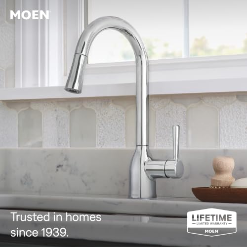 Image of Moen Adler Chrome One-Handle High Arc Kitchen Sink Faucet with Power Clean, Modern Kitchen Faucet with Pull Down Sprayer, 87233