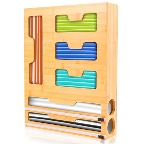 LudoHome Cortador Papel Film y Aluminio de Bambú, Organizador cocina 6 en 1, Organizador de Bolsas de congelar, 4 huecos para bolsas y 2 cortadores de papel aluminio y film