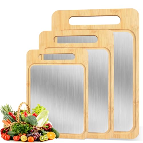 Set de 3 tablas de cortar de bambú y titanio – doble cara, resistentes y duraderas – con asas, 3 tamaños para verduras, frutas, quesos y más miniatura 1