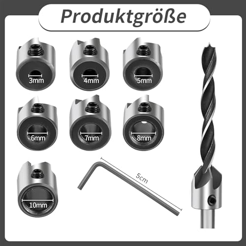 8 Stück Aufsteckversenker Set 7 Stück Aufsteckversenker und 1 Inbusschlüssel zum Holzbohren, Durchmesser 3-10mm/0.1-0.4 Zoll für Senker Bohrer, Zum Bohren von Löchern für Holz, Kunststoff, Weichmetall