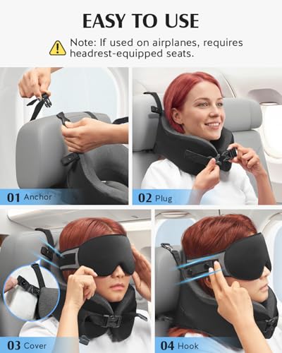 Image of YFONG Travel Pillow for Long Flight Airplane, Head Strap Combo with 3D Contoured Sleep Eye Mask, Neck Pillow for Travel Essential, 360 Support Memory Foam Headrest, Prevent Bobbing, Drawstrap - Black