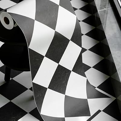 auxua Peel and Stick Floor Tile, Black Checkered Pattern Continuous Vinyl Roll Flooring – 15.7'' x 19.68 ft Roll Covers 25.83 sq. ft, Effortless Alignment, Seamless Look Design for Bathroom, Kitchen