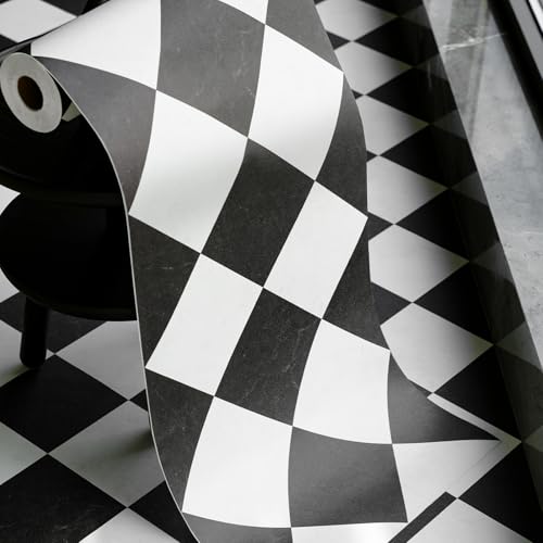 Peel and Stick Black & White Diamond Vinyl Floor Roll – 15.7