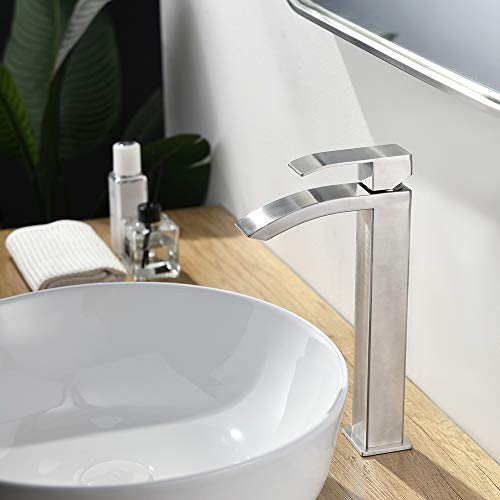 Comllen Vessel Sink Faucet Brushed Nickel, Tall Waterfall Bathroom Faucet, Single Handle One Hole Mixer Bowl Tap With Large Rectangular Spout With Water Hoses #TOP3