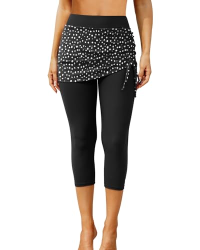 Pinup Fashion Swim Leggings with Skirt Women Polka Dot Swimming Capri Pants Sun Protection Swim Tights M