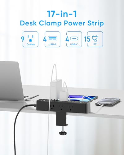 Image of Flat Plug Desk Clamp Power Strip 15FT, 40W Total Fast Charging Station, Dual PD 20W USB C Ports, Desk Edge Mount Power Strip 9 AC Outlets 8 USB Ports(4 USB C) Surge Protector, Fit 1.7 inch Tabletop Edge