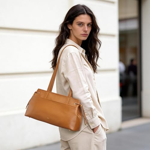 Image of Kattee Premium Leather Shoulder Bag for Women with Drawstring | Top grain pebbled leather with drawstring sides, roomy pockets, and space for a 7.9-inch tablet.