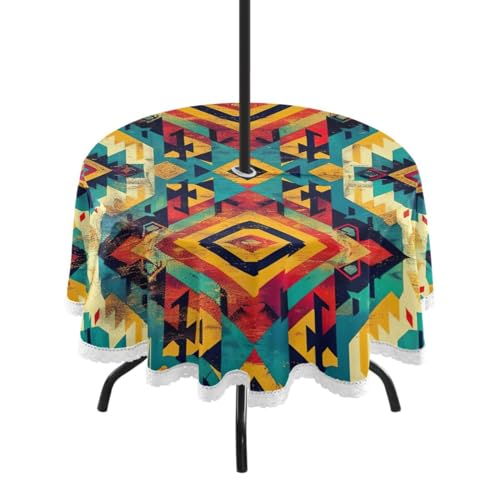 Wajiw 60 Inch Indoor Outdoor Round Tablecloth with Umbrella Hole and Zipper Waterproof Patio Table Cover for Camping Dining Room Party Outdoor Picnic,Aztec Pattern