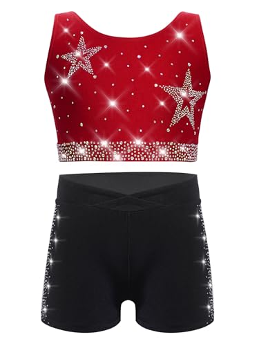 Kids Girls Gymnastics Dance Outfit Rhinestone Crop Vest Top Shorts Set Athletic Tracksuits for Yoga Burgundy Black 12 Years