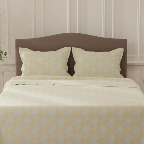 Image of Layers 100% Cotton Bedsheet for Double Size Bed | Lumina Floret Collection | 144 TC Soft & Breathable | Floral Print with 2 Pillow Covers | Wrinkle Free | 3 Piece Bedding Set - Yellow & Grey