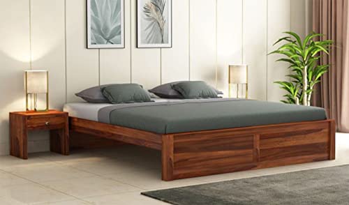 RJ ART Solid Sheesham Wood Queen Size Bed Without Storage | Wooden Double Bed Cot Bed Palang Furniture for Bedroom Living Room Home | Honey Finish, Ma