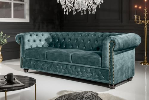 Riess Ambiente Chesterfield 3er Sofa 205cm Petrol Samt Goldnieten Federkern Loungesofa – Bild 3