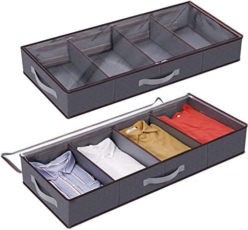 Lifewit Under Bed Clothes Organizer Large Adjustable Dividers Storage Bag with Durable Fabric, Reinforced Handle, 4 Clear Window for Clothing, Shoes, Blankets, Sweaters, Grey, 2 Pack
