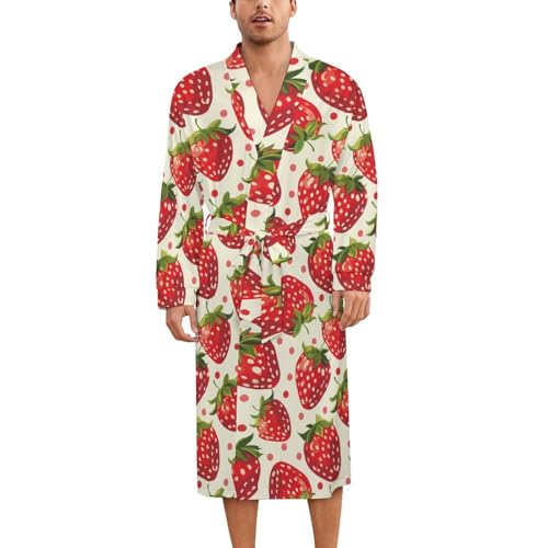 Red Strawberries Soft Robe Long Sleeve Bathrobes V Neck Sleepwear Spa Robes with Belt Men Woman