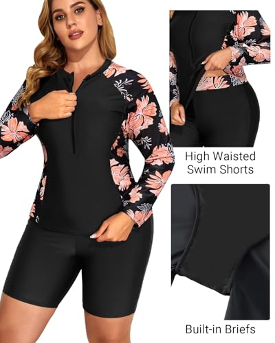 Image of Daci Women 2 Piece Plus Size Long Sleeve Rash Guard Zip Front Athletic Bottom Tankini Swimsuits UPF 50 | Two piece,Tummy Control,High Waist,UPF 50+,Half Zipper Swim Shirt,Athletic,Sporty,Built-in Bra,Built-in Briefs