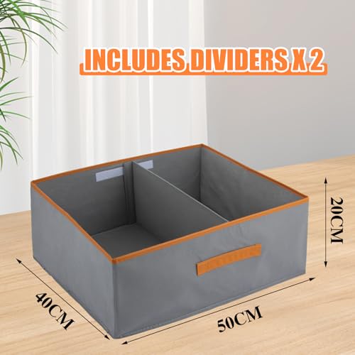 ASelected Große 2er-Set Aufbewahrungsboxen 50 x 40 x 20 CM Schrank Organizer mit Ledergriff und Trennwand Aufbewahrungsbox aus Stoff Faltbare für Kleiderschrank Kleidung, Bücher(grau)
