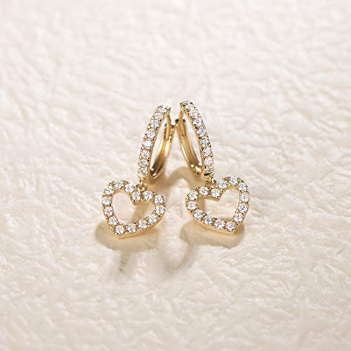 Fancime Mother's Day Gift 14K Solid Yellow Gold Pave 0.46 Cttw Diamond Heart Dangle Huggie Hoop Earrings Dainty Delicate Fine Jewelry For Mom Women Girls #TOP3