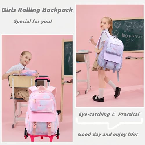 Gradient-Star Girls Rolling Backpacks for School, Capacity School Bags Bookbags for Teens Girls with 6 Wheels2