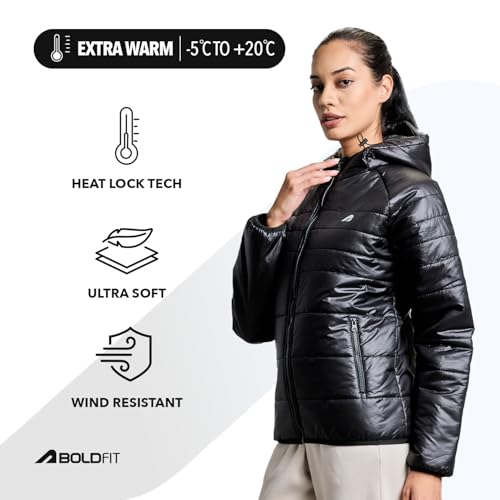 Image of Boldfit jacket for woman puffer winter jacket for woman standard length jackets for women stylish latest hooded winter wear jackets for women cozy jerkins for ladies