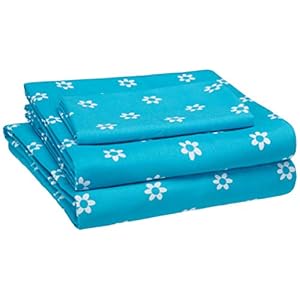 AmazonBasics Kid’s Soft, Easy-Wash Microfiber Floral Single Sheet With Pillow Cover Set (Blue Flowers)