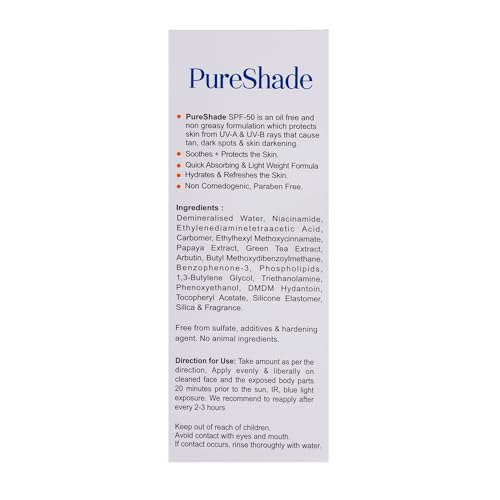 Image of Pureshade Sunscreen Gel for Normal Skin | SPF 50+ | PA +++ | UVA /UVB & IR Broad Spectrum Protection | Non Greasy And Oil Free Formulation | Matte Finish & Oil Free | 60 Ml - Pack Of 1 |