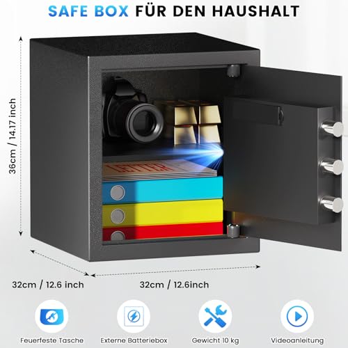 50L Großer Safe Tresor für Zuhause, Safe Tresor Feuerfest Wasserdicht mit Schlüssel, Zahlenschloss, Möbeltresor Feuerfester mit Intelligente Alarme, Wandtresor für Gold Schmuck Dokumente