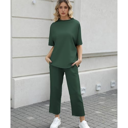 Image of SeeLuNa Women's Two Piece Outfits 3 /4 Batwing Sleeve Capelet Crew Neck Pullover Top Wide Leg Pants Lounge Set