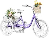 AkiiGer Adult Tricycles for Adults, 7 Speed Adult Trikes, 20/24/26 inch 3 Wheel Bike with Basket, Three-Wheeled Cruiser Bicycles for Women and Men, Without Fenders (Taro Purple, 7-Speed / 24" Wheels)