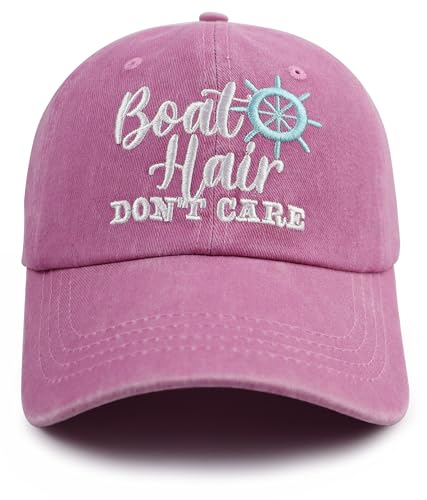 Boat Accessories Gifts for Women Men, Embroidered Boat Hair Don't Care Hat, Adjustable Cotton Sun Beach Fishing Boats Baseball Cap, Cruise Essentials Birthday Gift for Mom Dad Friends Boater Pink